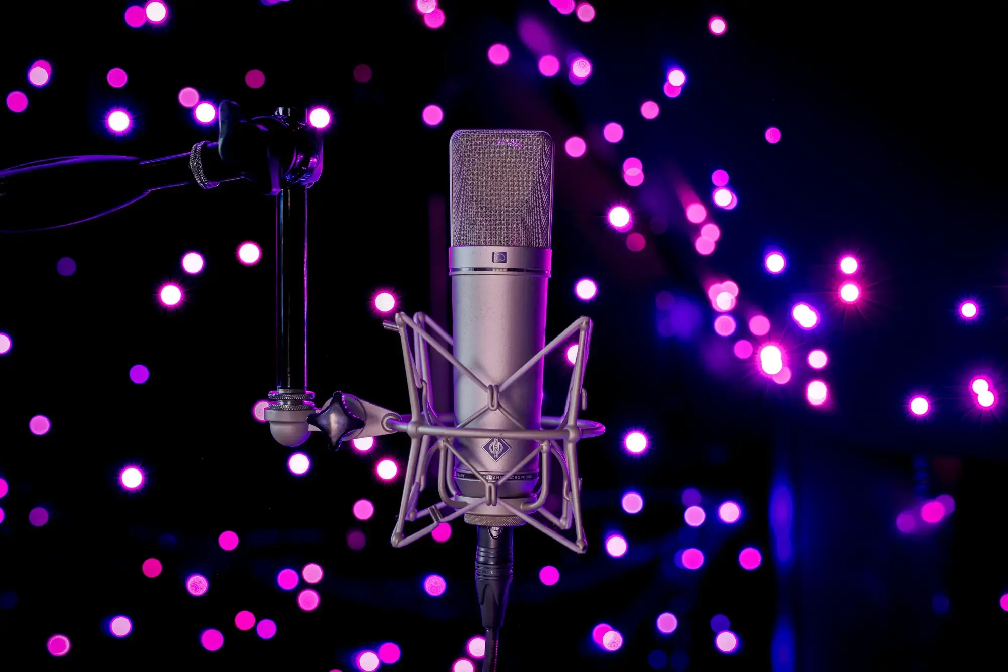 Real studio microphone with purple lights